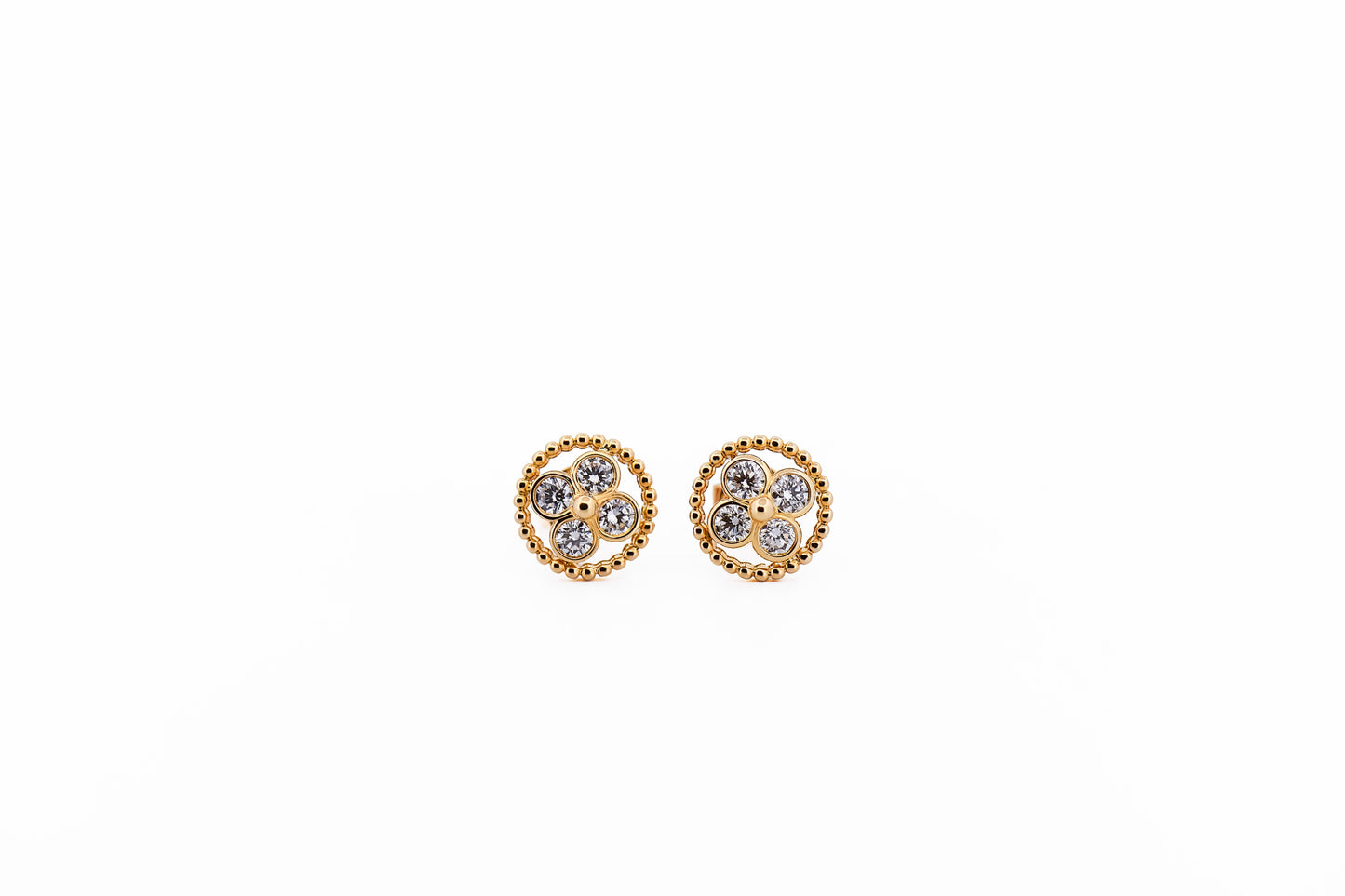 Diamond Cluster Stud Earrings with Yellow Gold Rope Border