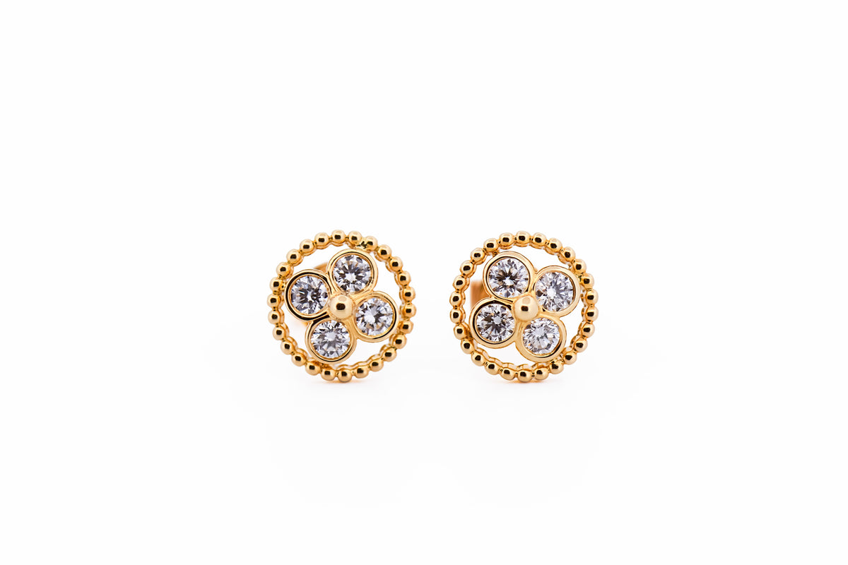 Diamond Cluster Stud Earrings with Yellow Gold Rope Border