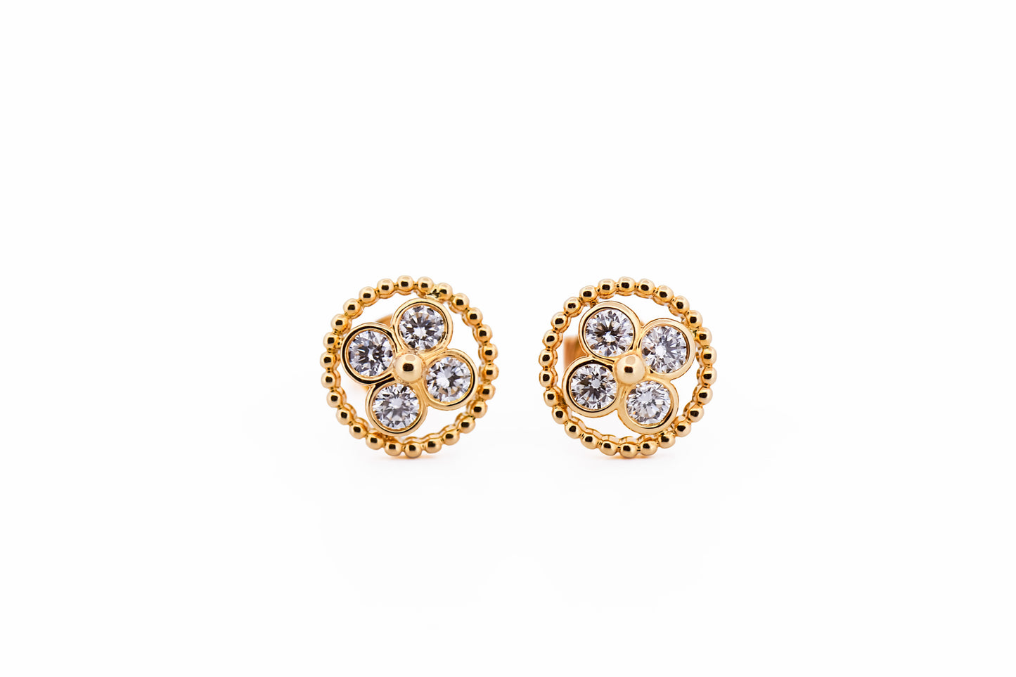 Diamond Cluster Stud Earrings with Yellow Gold Rope Border