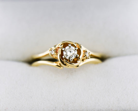 Vintage Carved Gold & Diamond Ring- Floral Rose Wedding Set