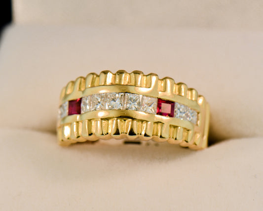 Custom Gold Ribbed Band with Channel Set Diamonds & Rubies
