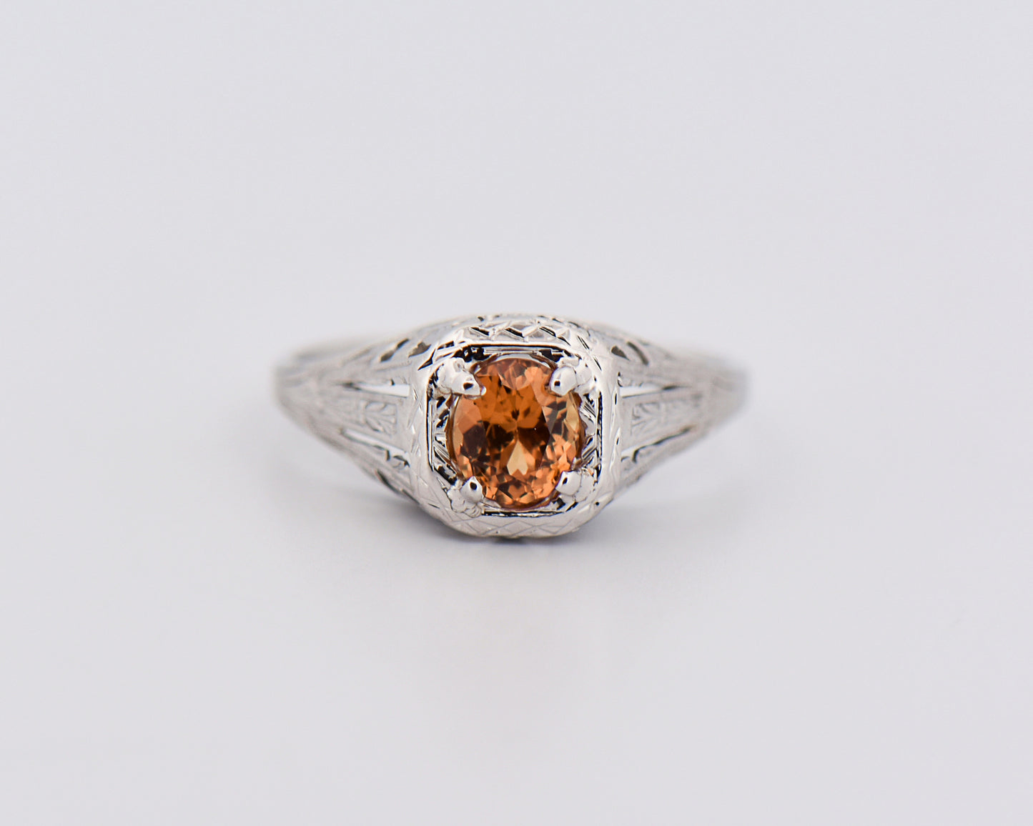 Orange Sapphire Butterfly Filigree Ring in 18k White Gold