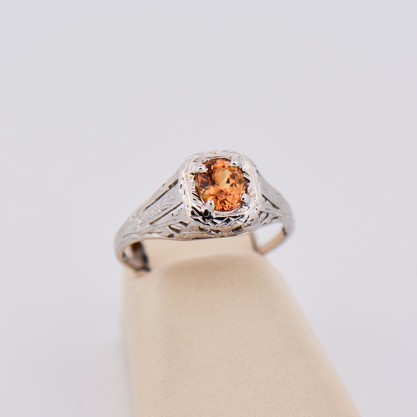 Orange Sapphire Butterfly Filigree Ring in 18k White Gold