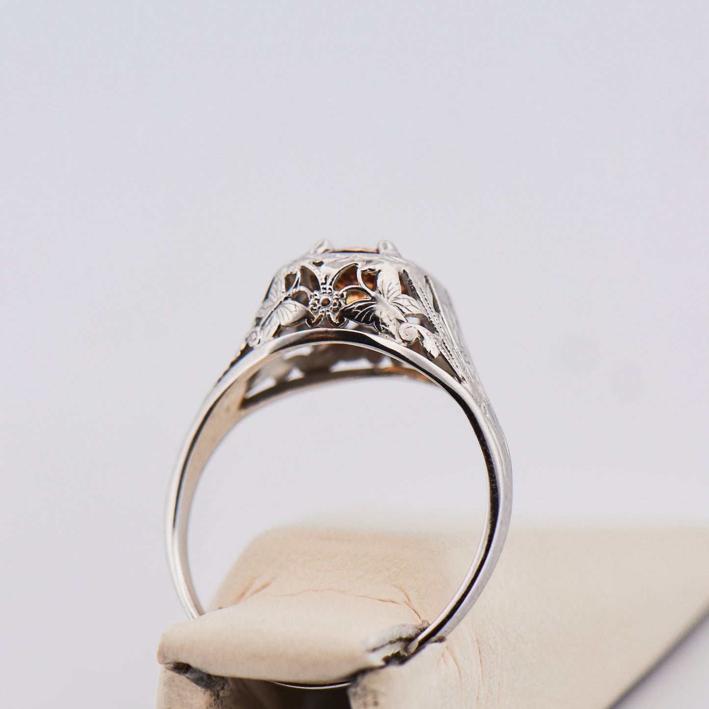 Orange Sapphire Butterfly Filigree Ring in 18k White Gold