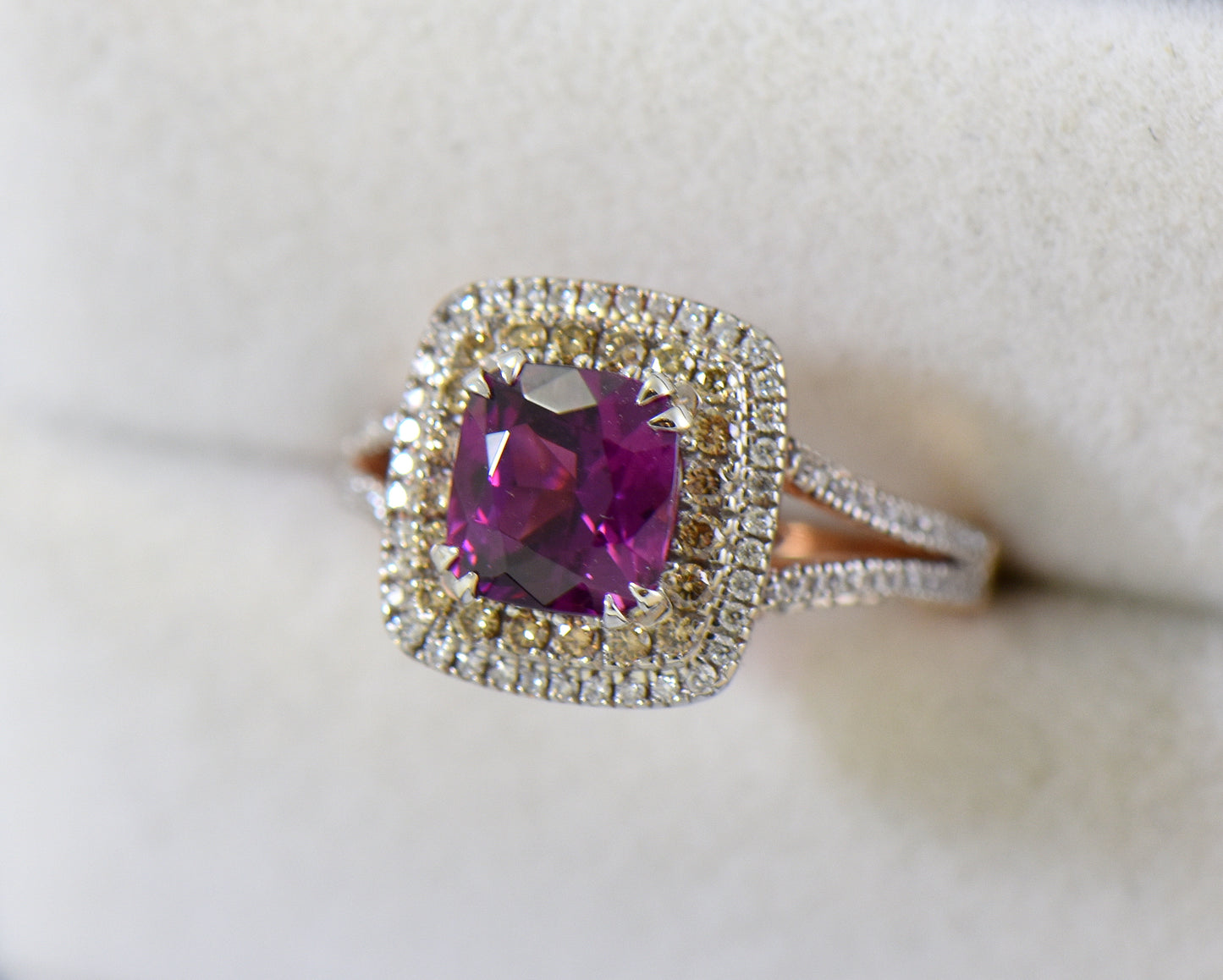 Royal Purple Garnet & Champagne Diamond Halo Ring