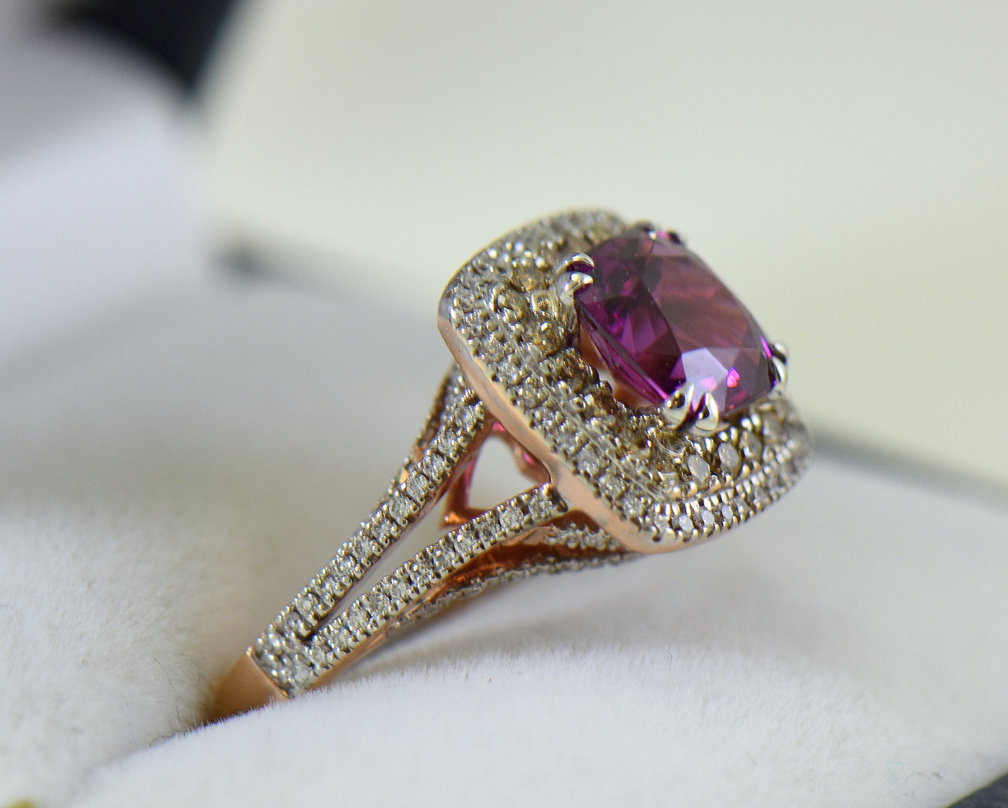 Royal Purple Garnet & Champagne Diamond Halo Ring