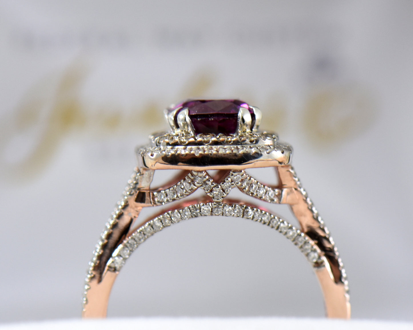 Royal Purple Garnet & Champagne Diamond Halo Ring