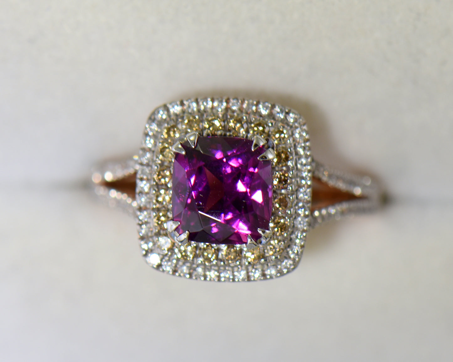 Royal Purple Garnet & Champagne Diamond Halo Ring