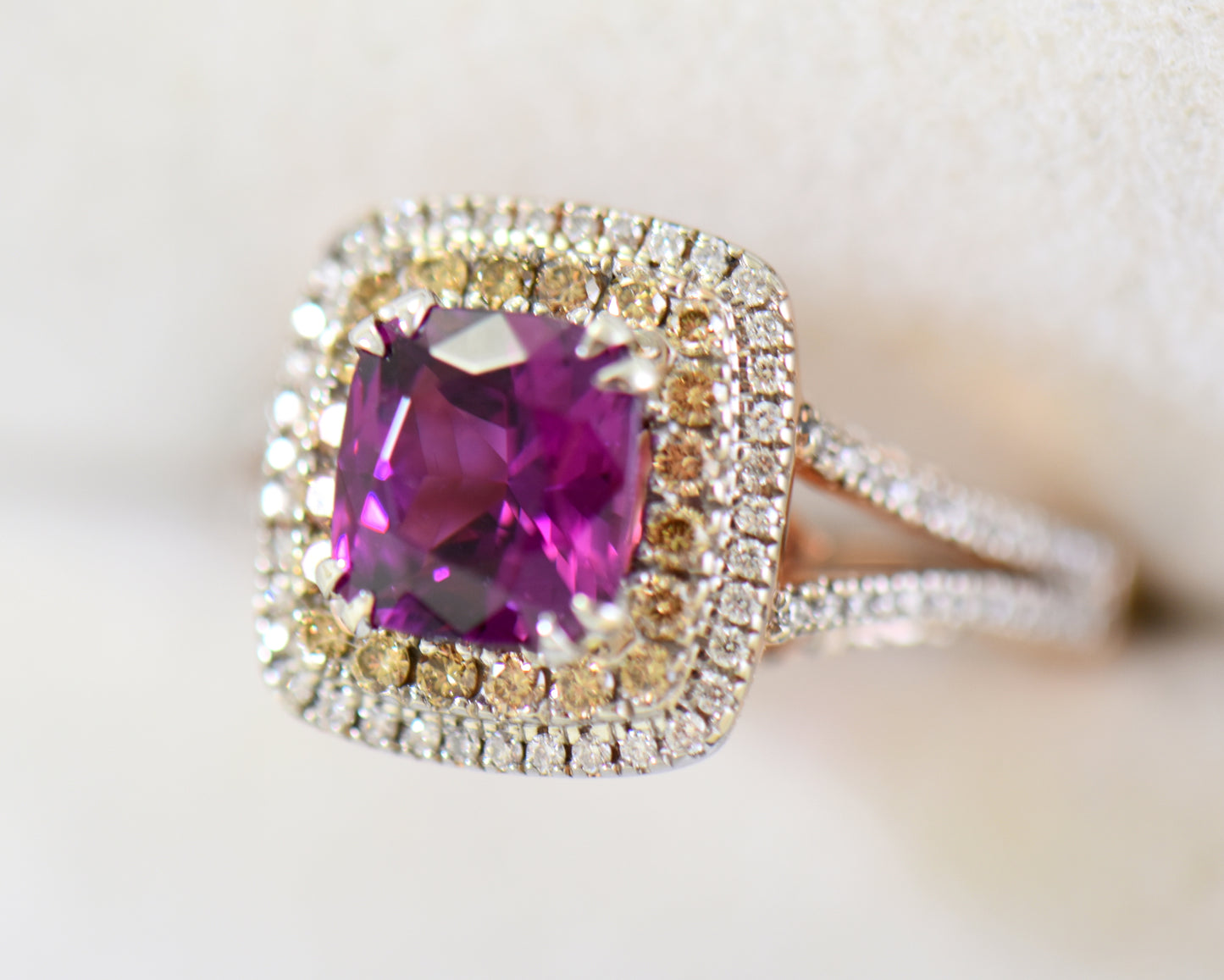 Royal Purple Garnet & Champagne Diamond Halo Ring