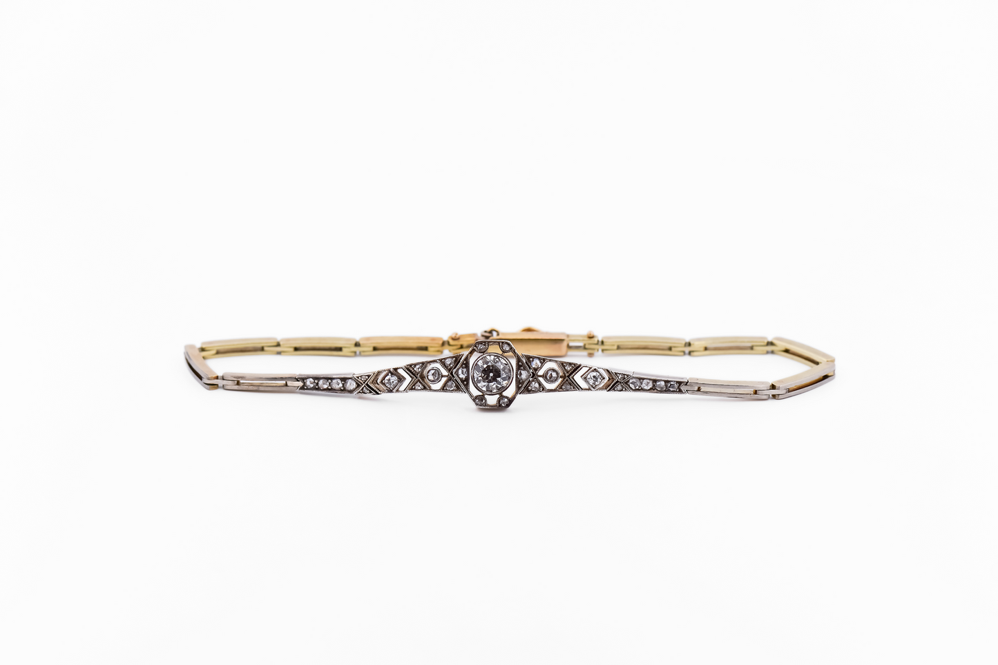 Early Art Deco Hexagonal Diamond Bracelet in Platinum Topped Gold