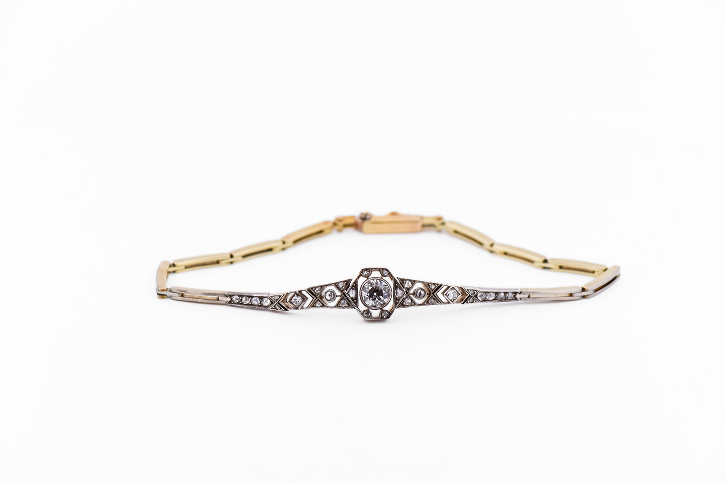 Early Art Deco Hexagonal Diamond Bracelet in Platinum Topped Gold