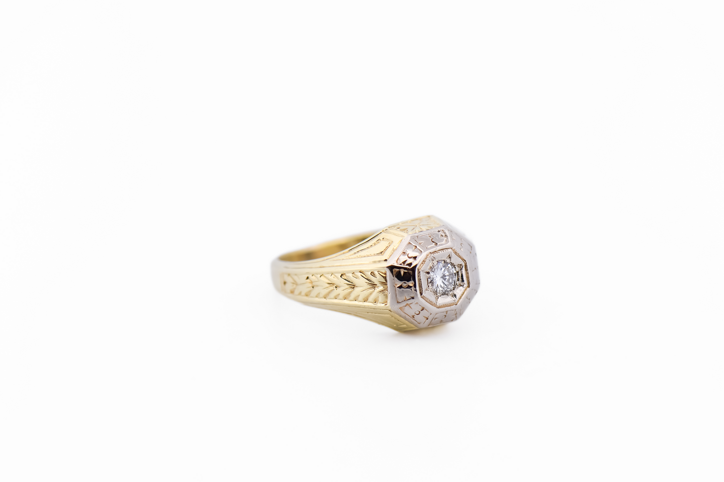 Early Art Deco Unisex Octagonal Diamond Ring in Engraved Two-Tone Gold