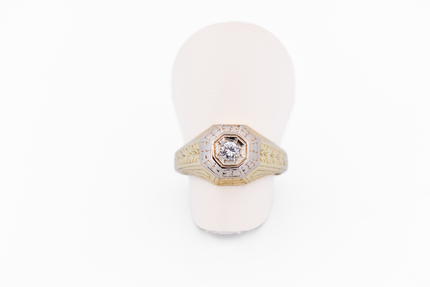 Early Art Deco Unisex Octagonal Diamond Ring in Engraved Two-Tone Gold