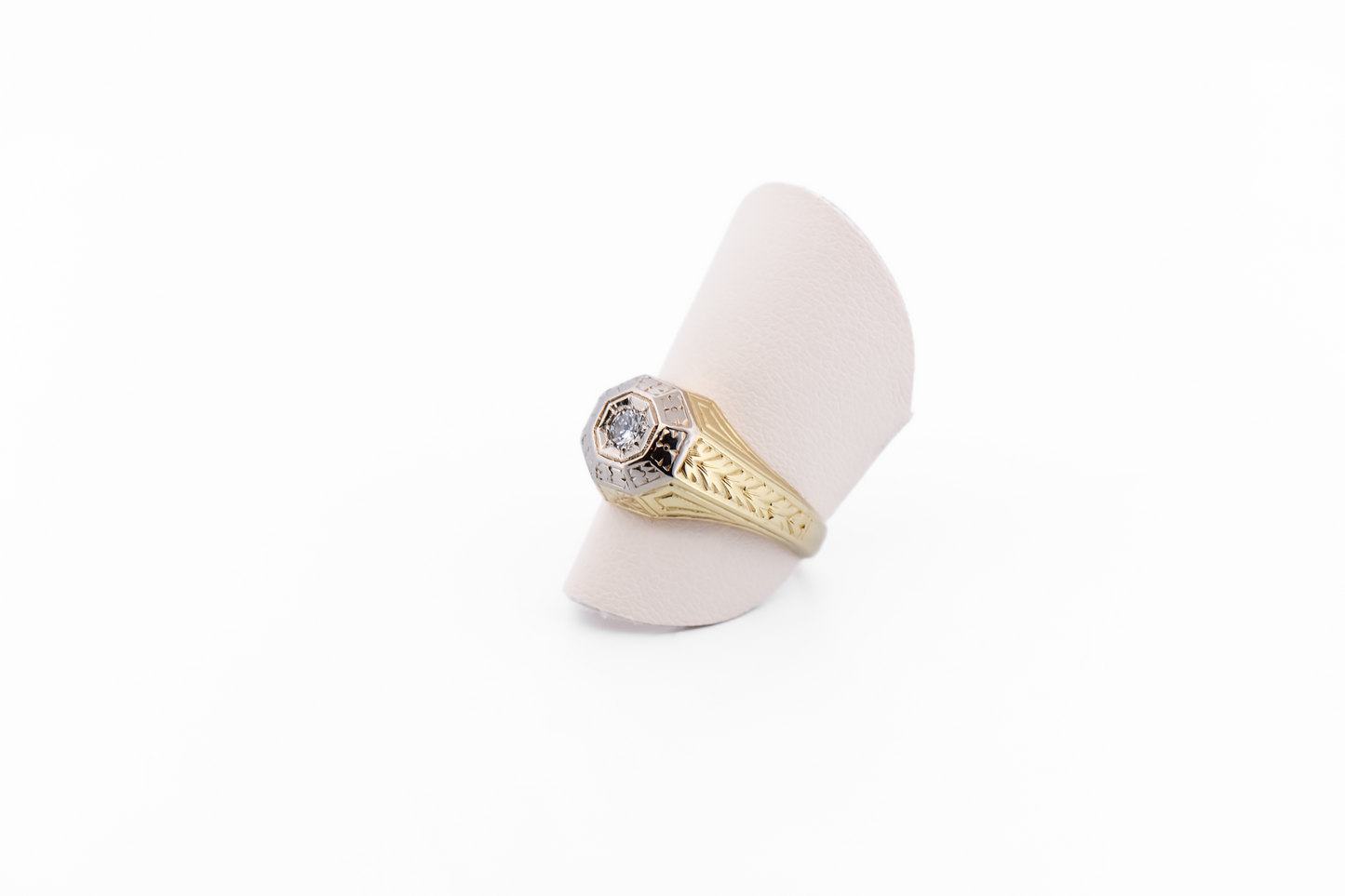 Early Art Deco Unisex Octagonal Diamond Ring in Engraved Two-Tone Gold