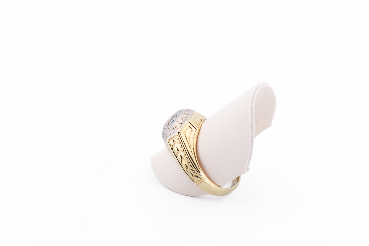 Early Art Deco Unisex Octagonal Diamond Ring in Engraved Two-Tone Gold