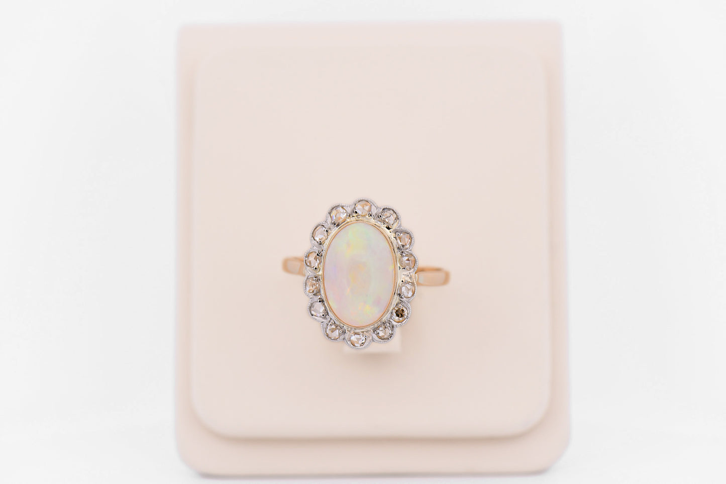 Edwardian Australian Opal & Rose Cut Diamond Halo Ring