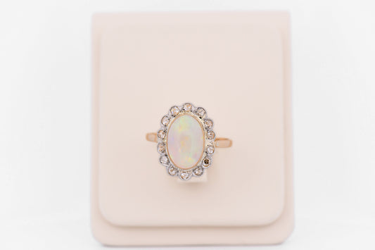 Edwardian Australian Opal & Rose Cut Diamond Halo Ring