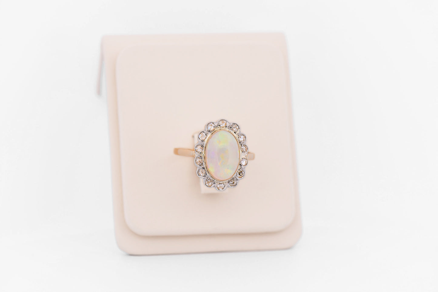 Edwardian Australian Opal & Rose Cut Diamond Halo Ring