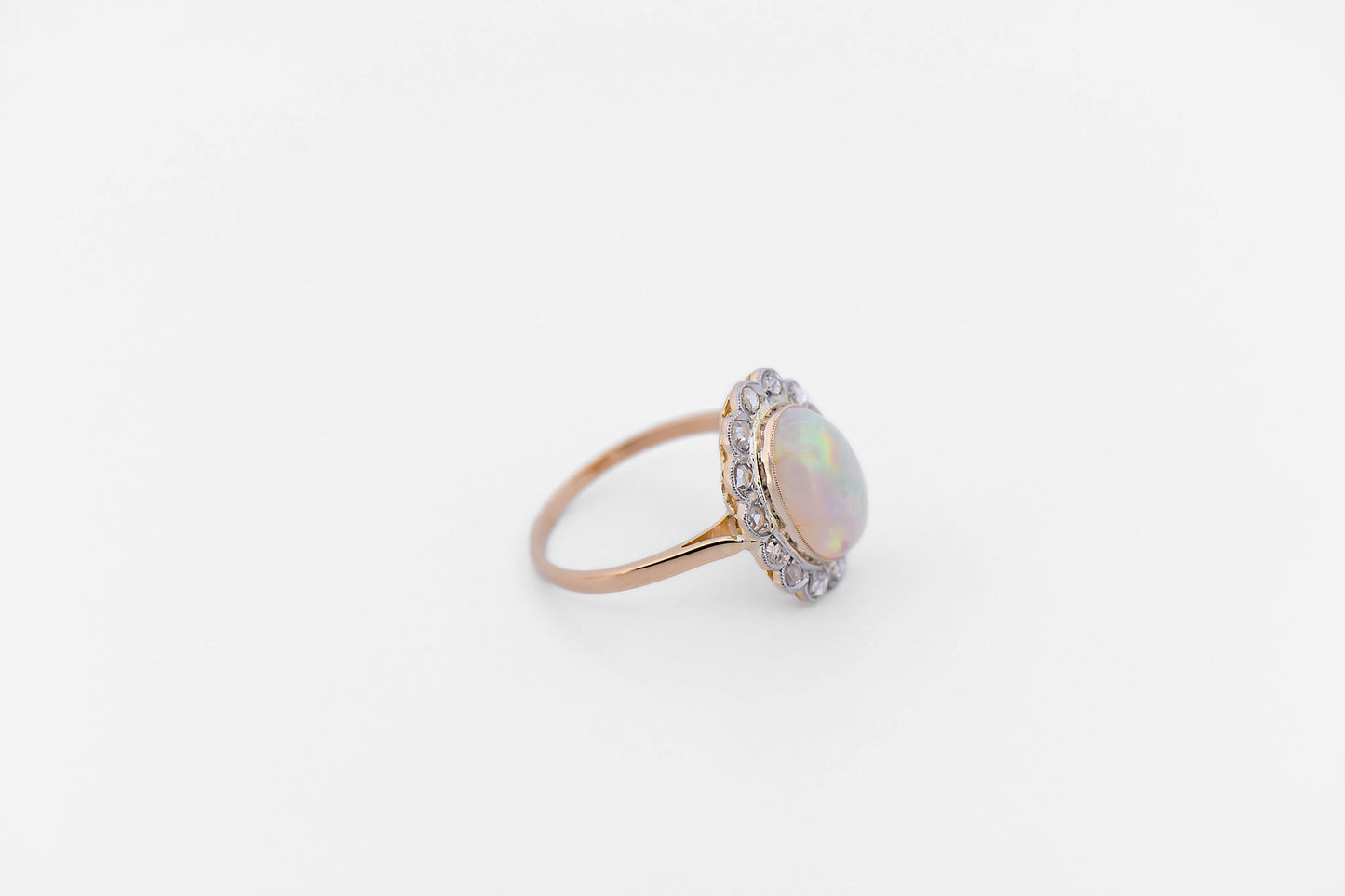 Edwardian Australian Opal & Rose Cut Diamond Halo Ring