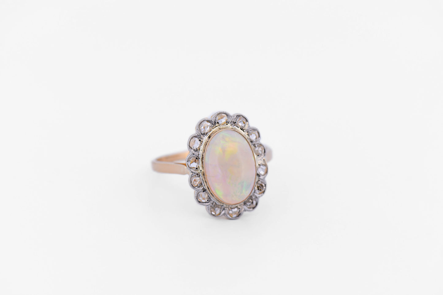 Edwardian Australian Opal & Rose Cut Diamond Halo Ring