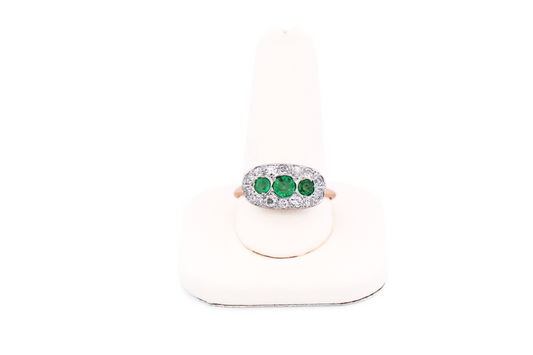 Edwardian British Emerald & Diamond Cluster Ring in 18k Gold