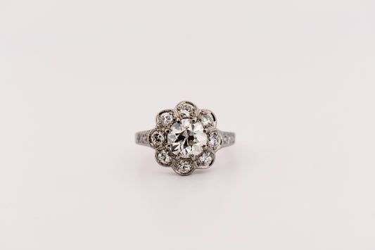 Edwardian Diamond Halo Engagement Ring with 1.57ct Old European Cut Diamond