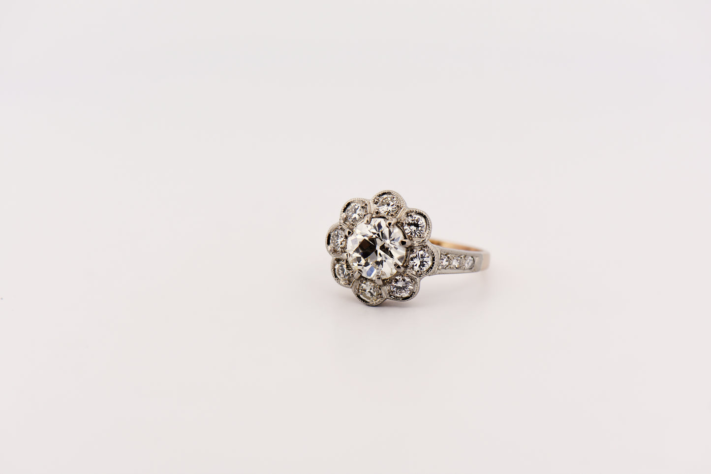 Edwardian Diamond Halo Engagement Ring with 1.57ct Old European Cut Diamond