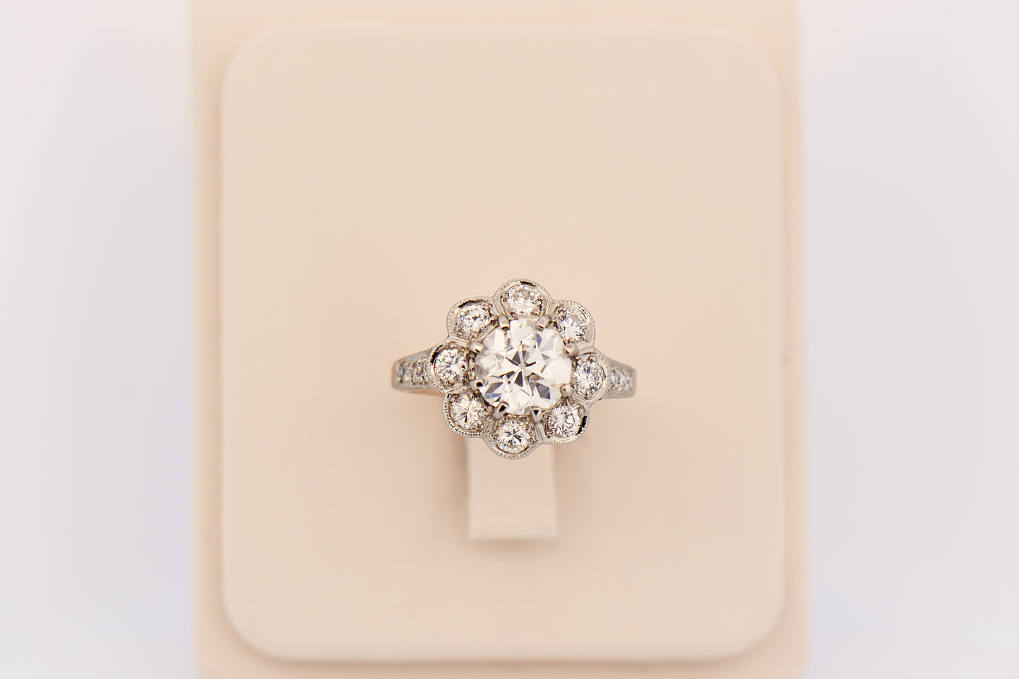 Edwardian Diamond Halo Engagement Ring with 1.57ct Old European Cut Diamond