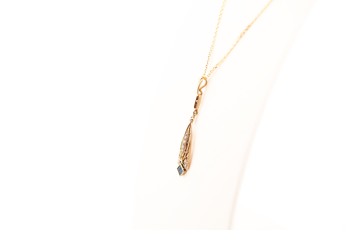 Edwardian Gold Filigree, Sapphire & Seed Pearl Lavalier Pendant by Krementz