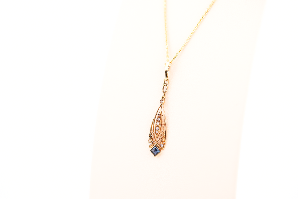 Edwardian Gold Filigree, Sapphire & Seed Pearl Lavalier Pendant by Krementz