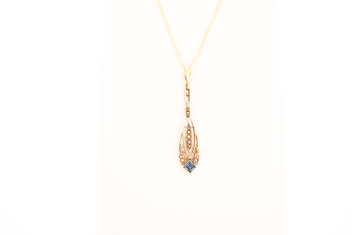 Edwardian Gold Filigree, Sapphire & Seed Pearl Lavalier Pendant by Krementz