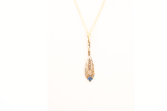 Edwardian Gold Filigree, Sapphire & Seed Pearl Lavalier Pendant by Krementz