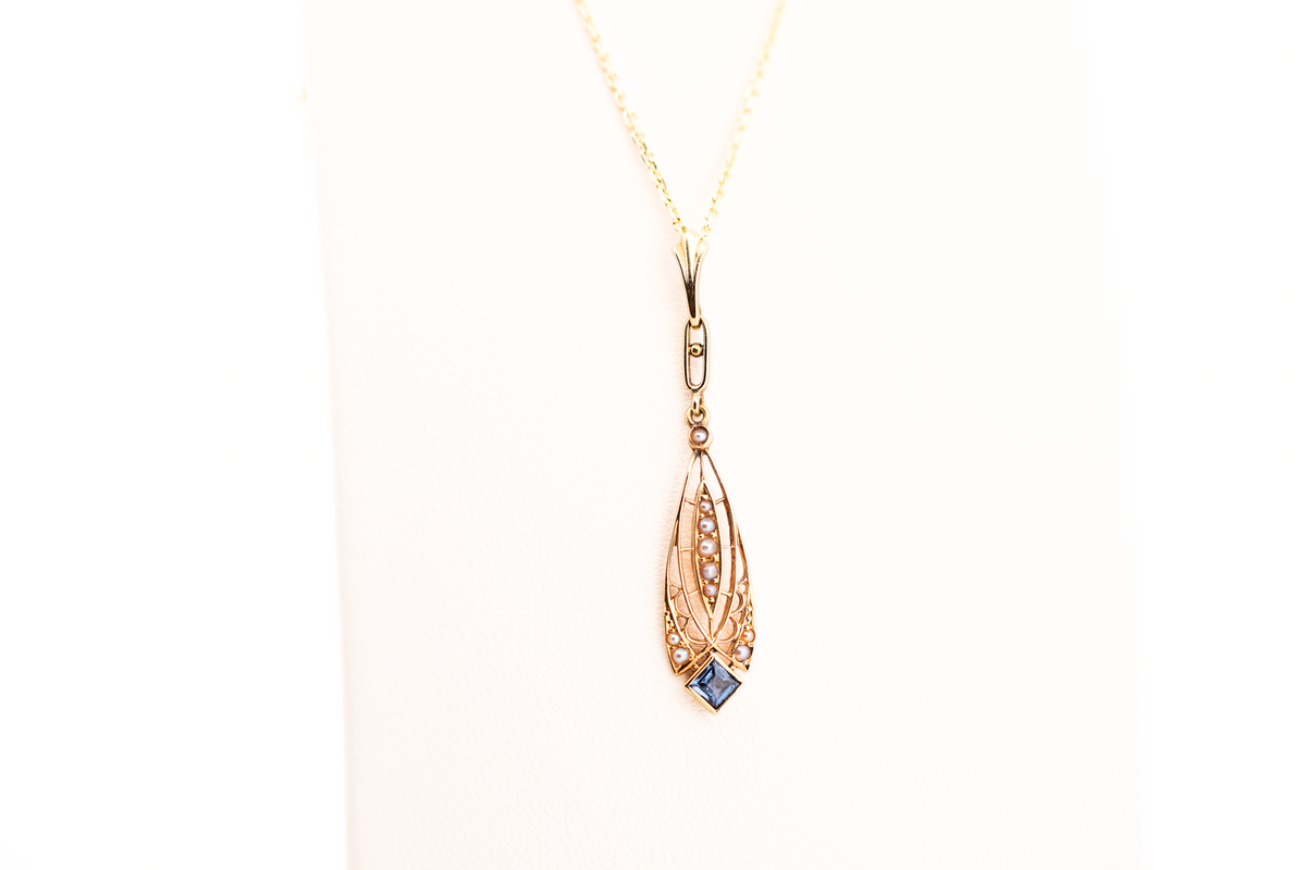 Edwardian Gold Filigree, Sapphire & Seed Pearl Lavalier Pendant by Krementz