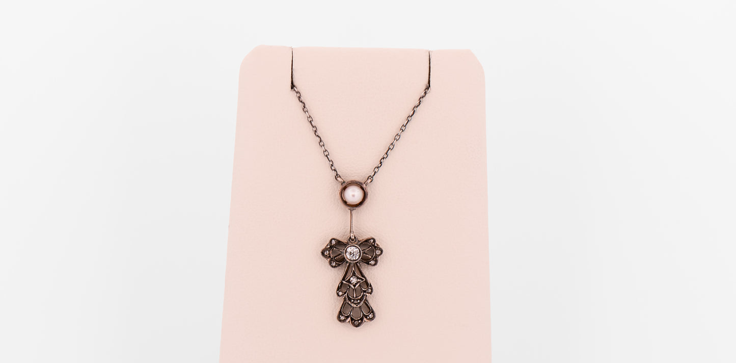 Edwardian Lacey Pearl & Diamond Necklace