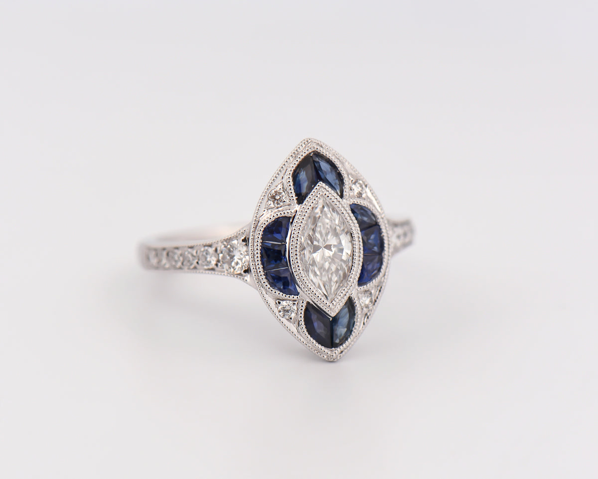 Edwardian Style Sapphire & Diamond Navette Ring