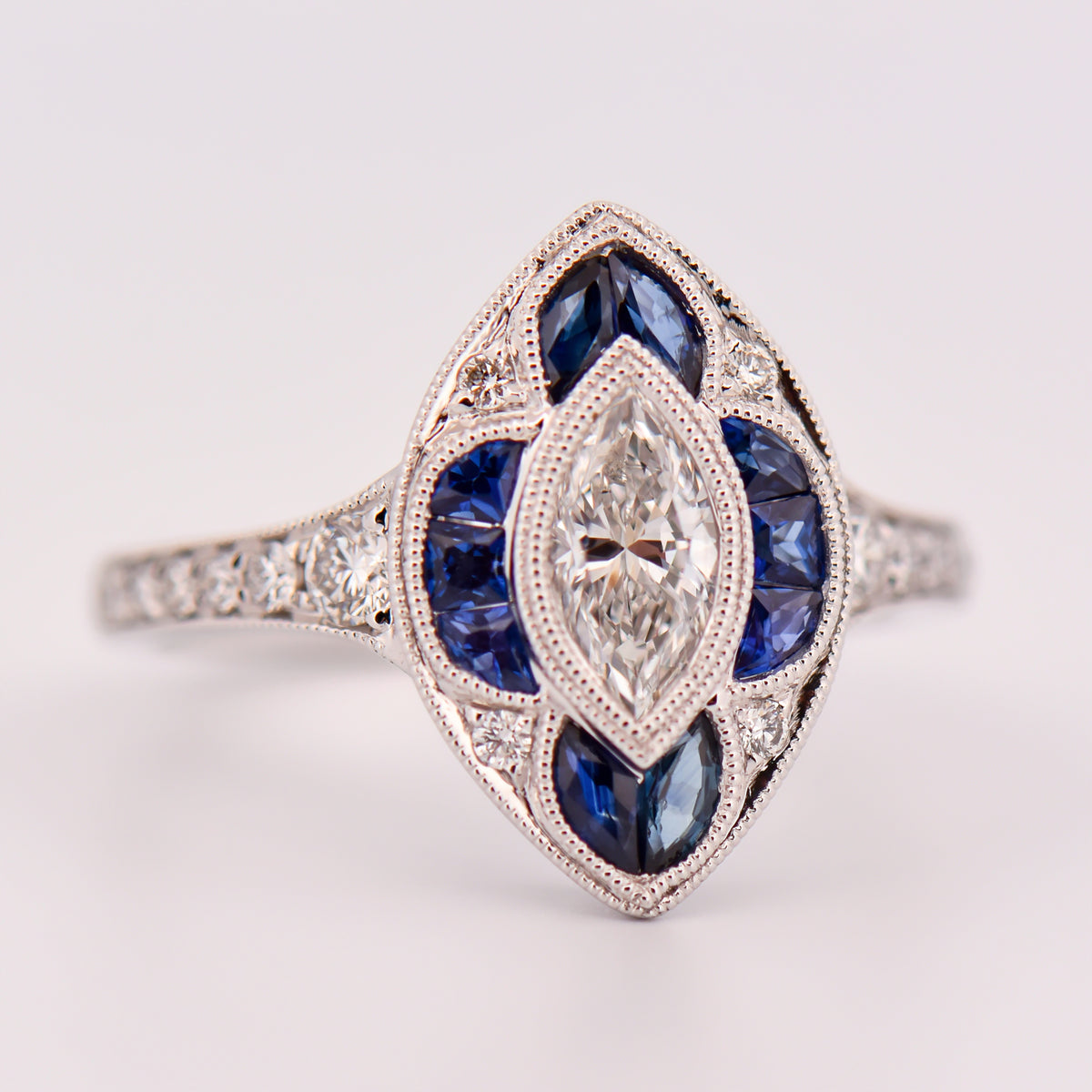 Edwardian Style Sapphire & Diamond Navette Ring