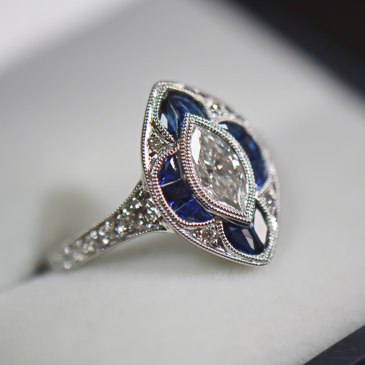 Edwardian Style Sapphire & Diamond Navette Ring