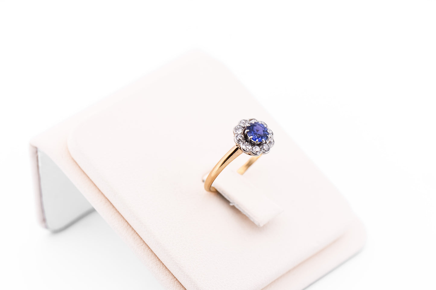 Edwardian Violet Sapphire & Diamond Halo Engagement Ring in Platinum Topped Gold
