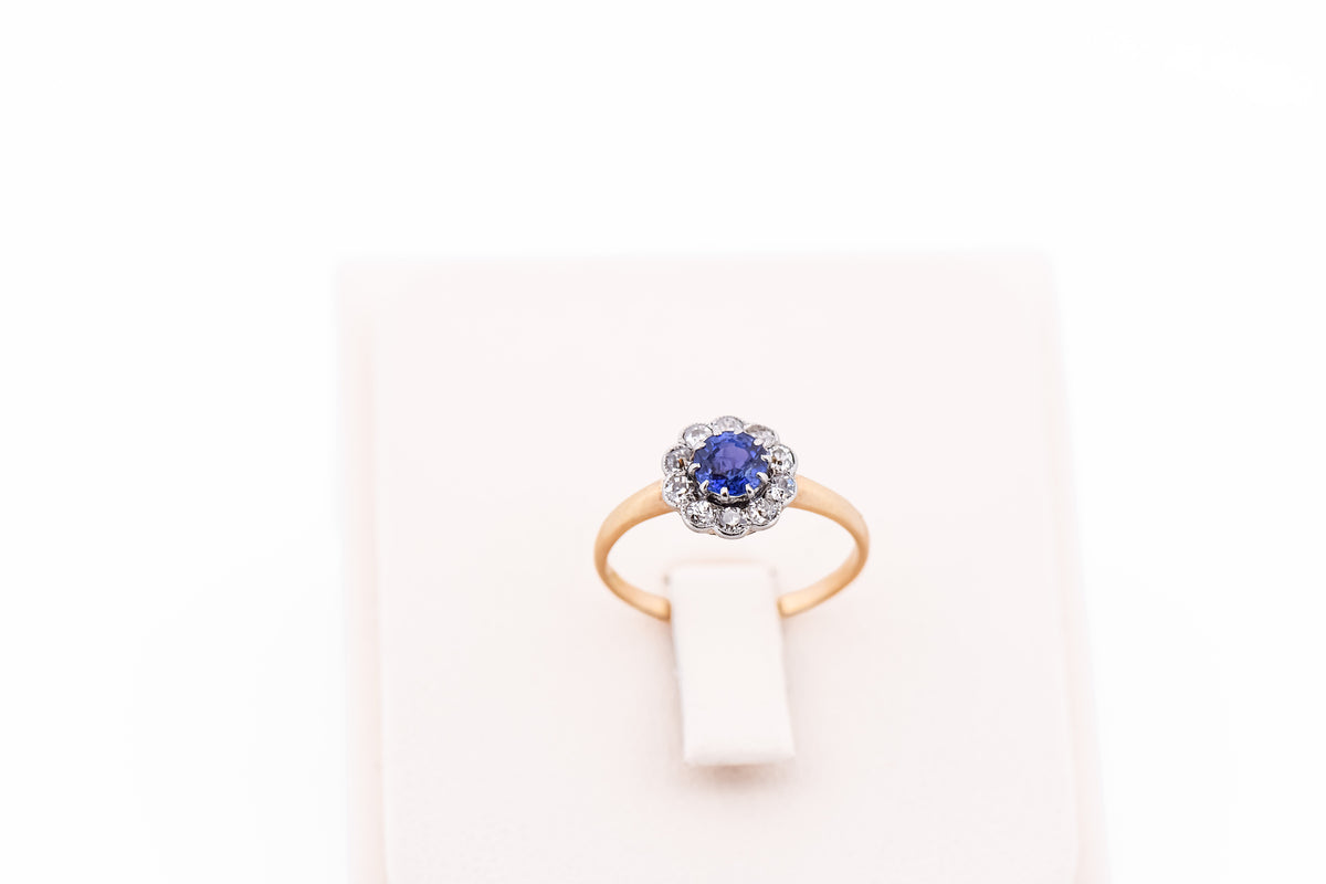 Edwardian Violet Sapphire & Diamond Halo Engagement Ring in Platinum Topped Gold
