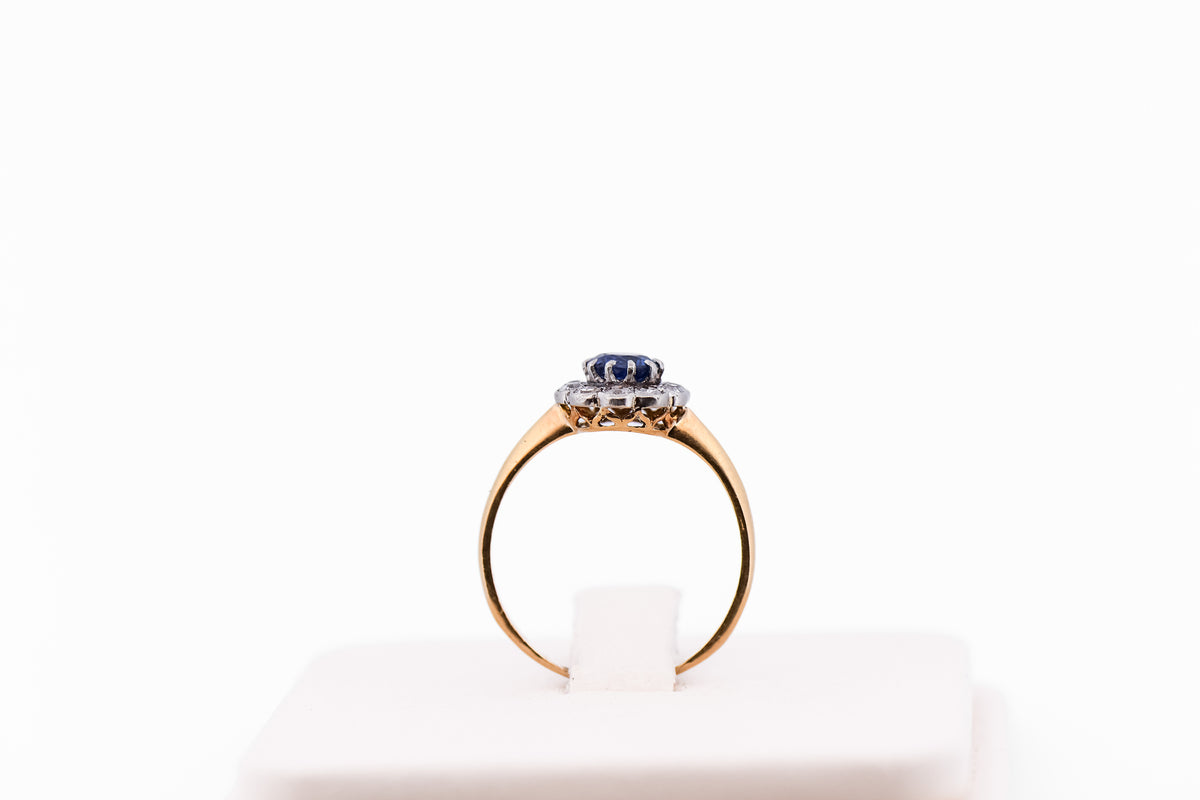 Edwardian Violet Sapphire & Diamond Halo Engagement Ring in Platinum Topped Gold