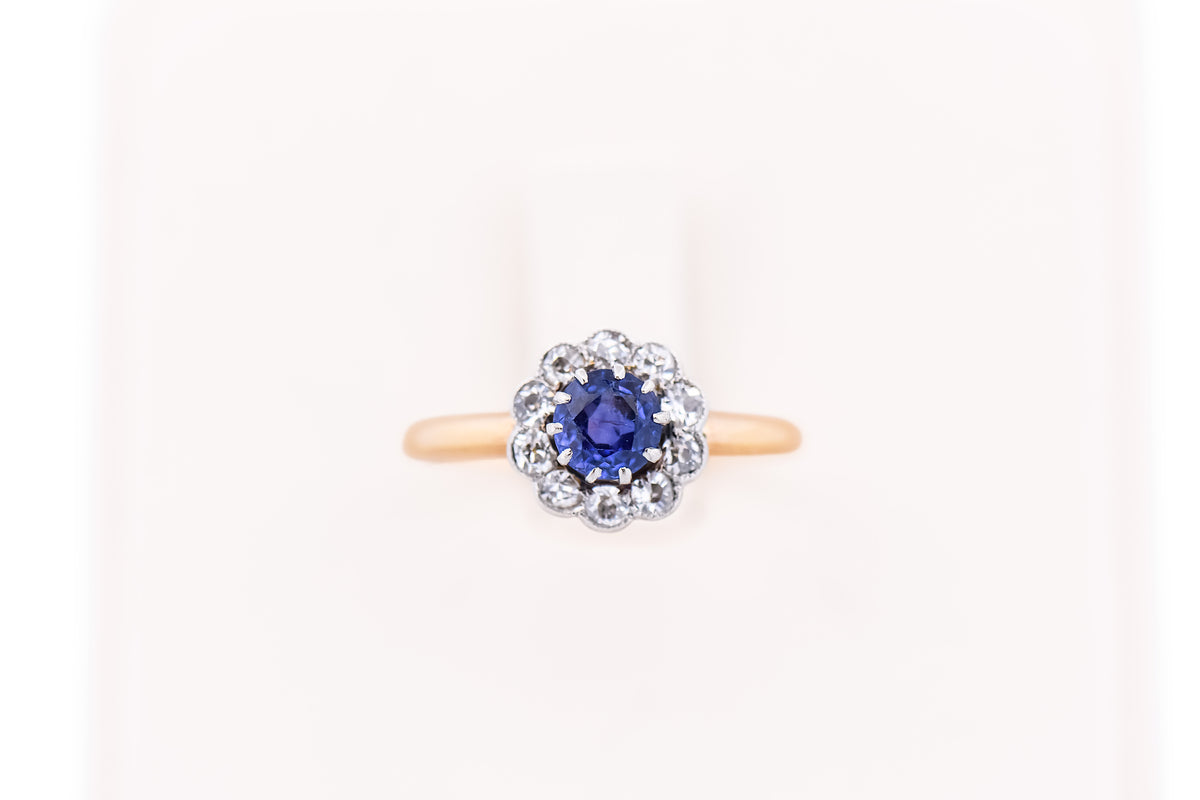 Edwardian Violet Sapphire & Diamond Halo Engagement Ring in Platinum Topped Gold