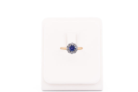 Edwardian Violet Sapphire & Diamond Halo Engagement Ring in Platinum Topped Gold