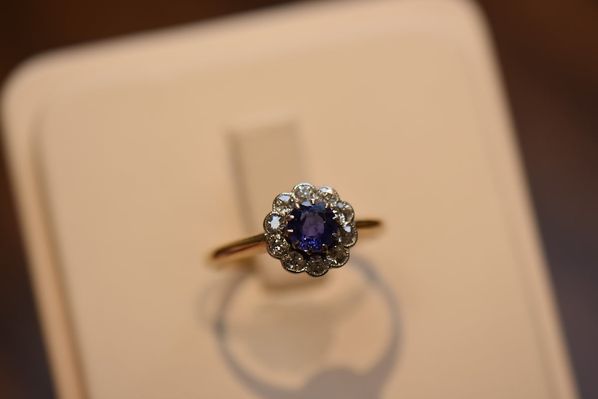 Edwardian Violet Sapphire & Diamond Halo Engagement Ring in Platinum Topped Gold