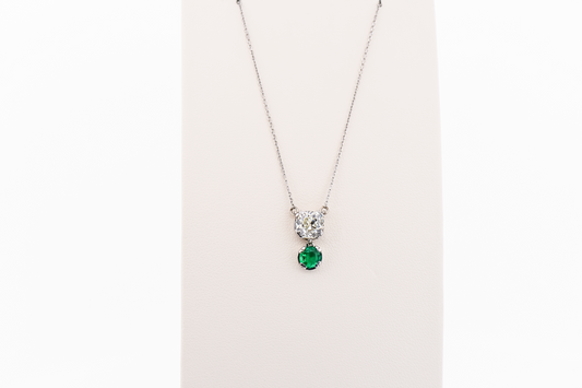 Elegant Art Deco Necklace with 1.5ct Mine-Cut Diamond & Emerald