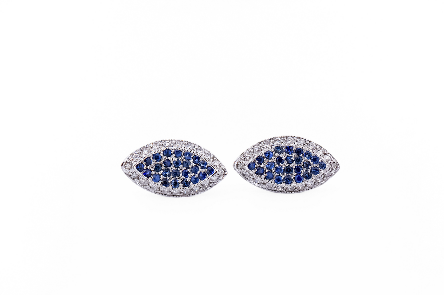 Elegant Pave' Set Sapphire & Diamond Navette Stud Earrings 18k