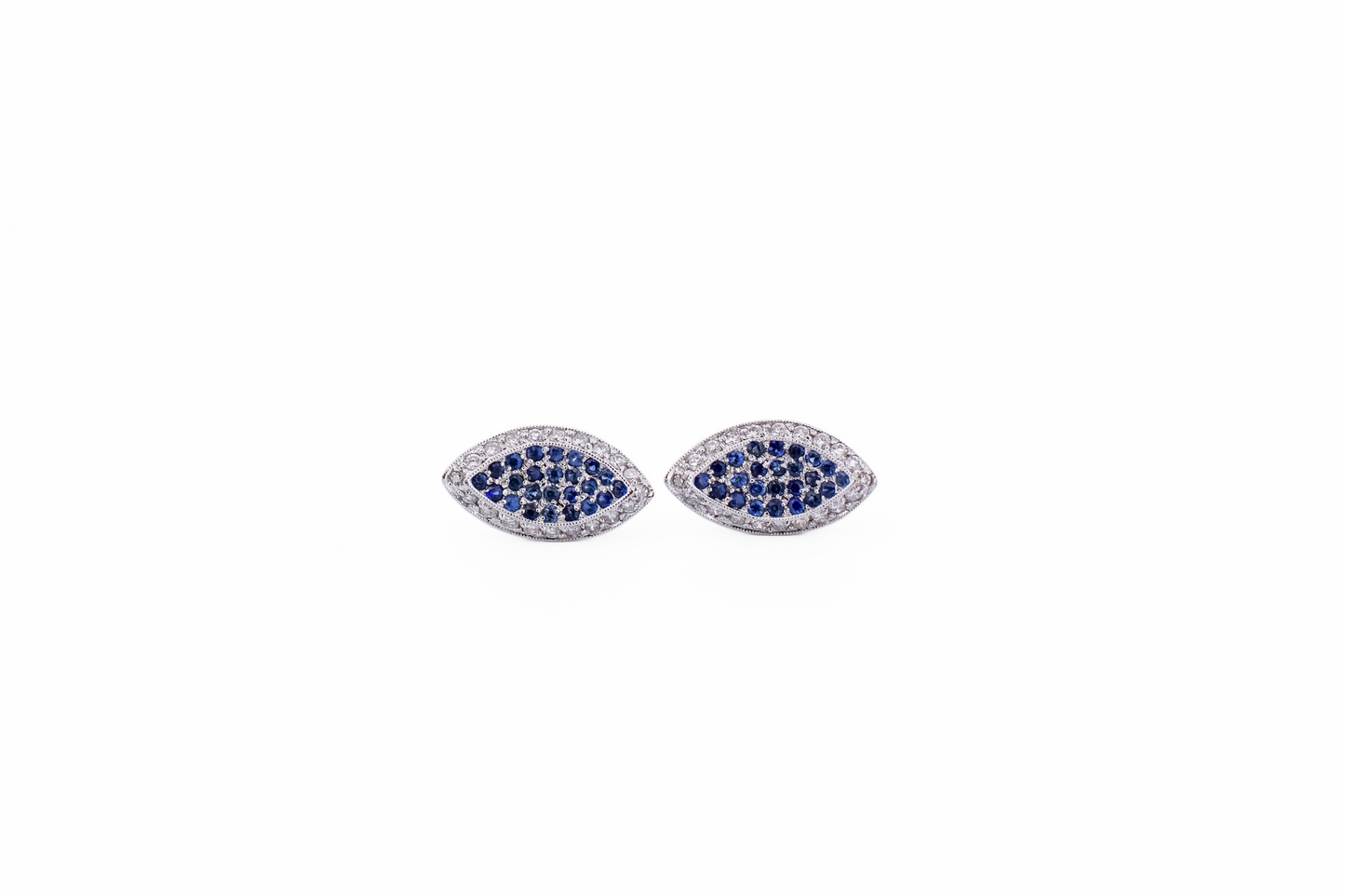 Elegant Pave' Set Sapphire & Diamond Navette Stud Earrings 18k