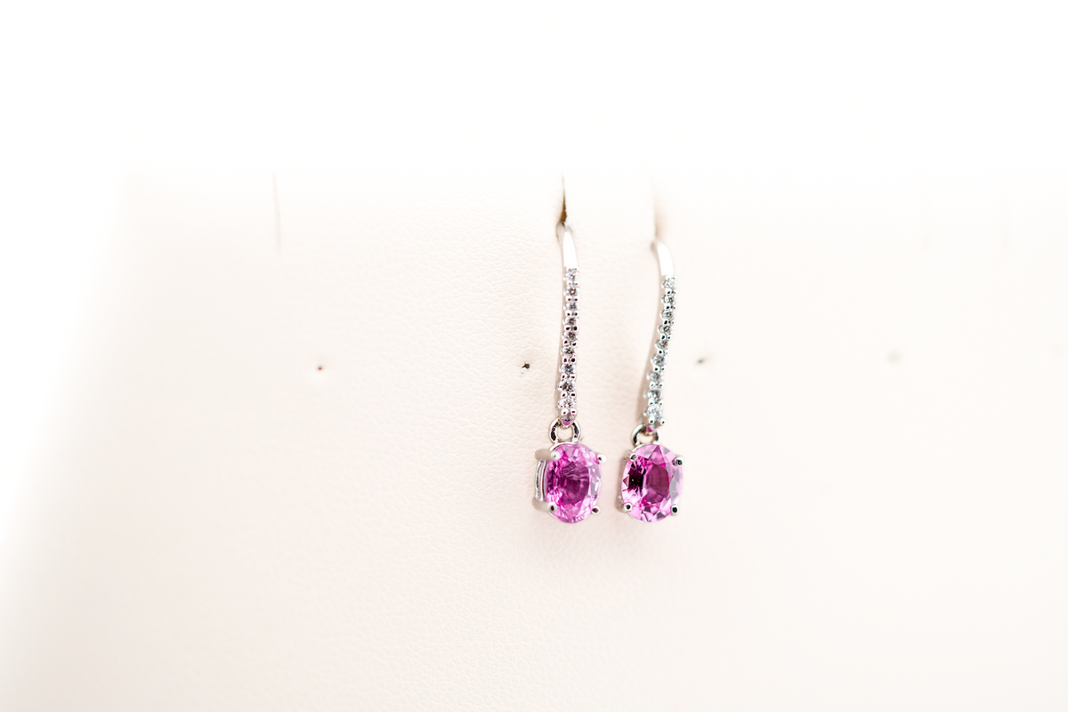 Elegant Pink Sapphire & Diamond Drop Earrings on French Wires