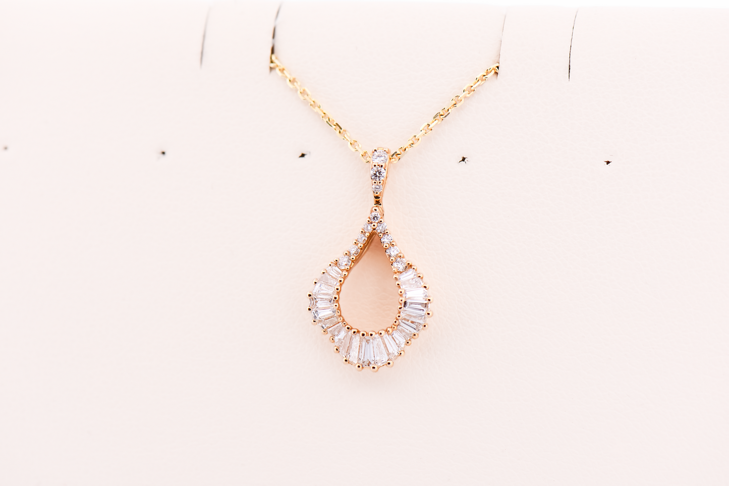 Elegant Yellow Gold Tear Drop Pendant with Round & Baguette Diamonds