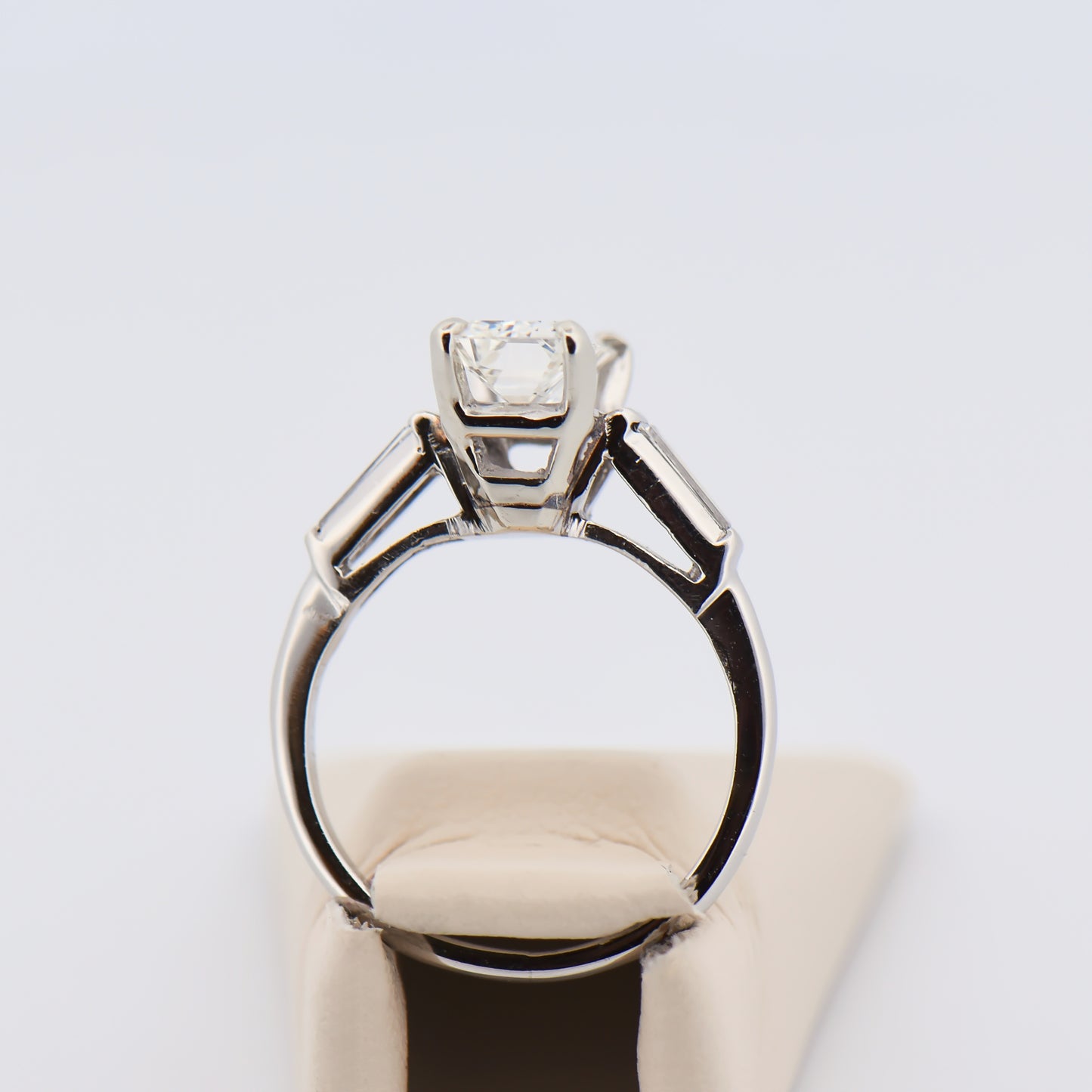 Elongated Emerald Cut Diamond Ring with Baguette Accents in Platinum