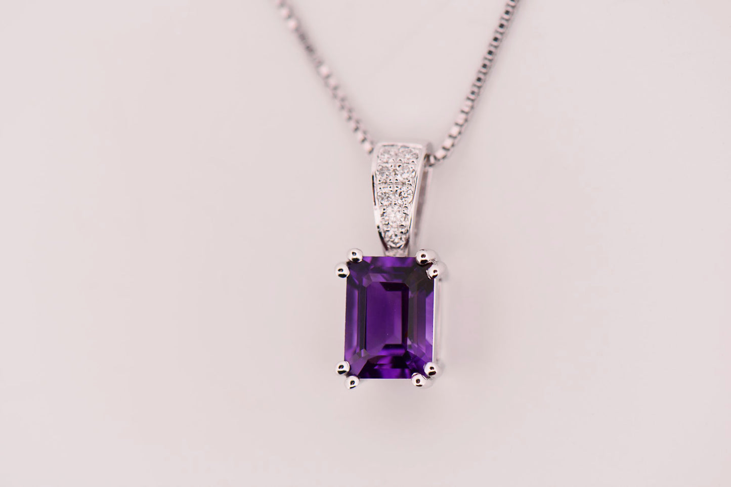 Emerald-Cut Amethyst & Diamond Pendant in White Gold